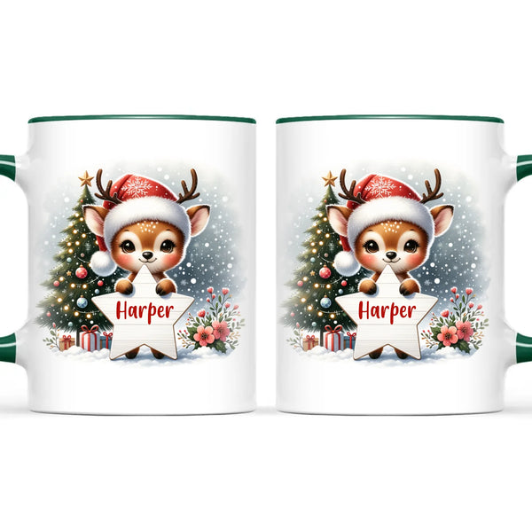 Personalised Christmas Reindeer Kids Mug – Custom Name Cup with Star Sign & Christmas Tree Design | 11 oz, 6 oz & Enamel Options