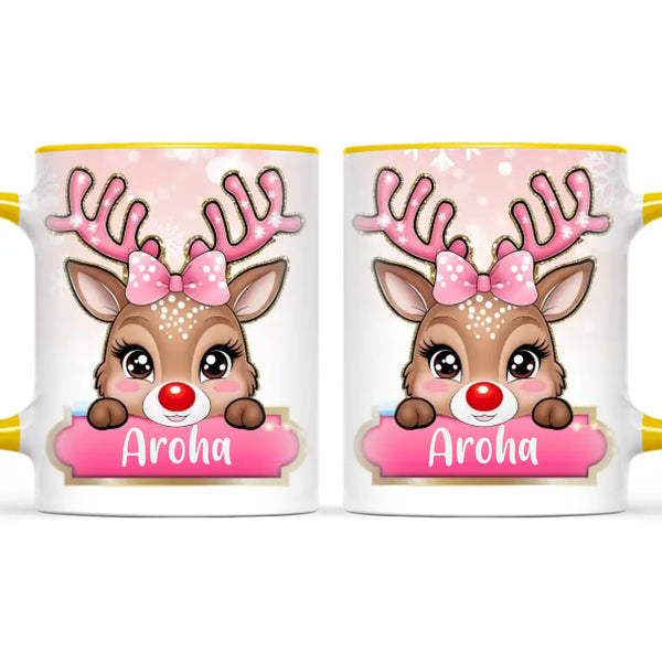 Personalised Christmas Reindeer Kids Mug – Custom Name Cup with Cute Boy or Girl Reindeer Design | 11 oz, 6 oz & Enamel Options