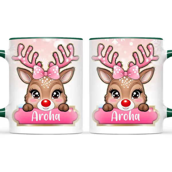 Personalised Christmas Reindeer Kids Mug – Custom Name Cup with Cute Boy or Girl Reindeer Design | 11 oz, 6 oz & Enamel Options