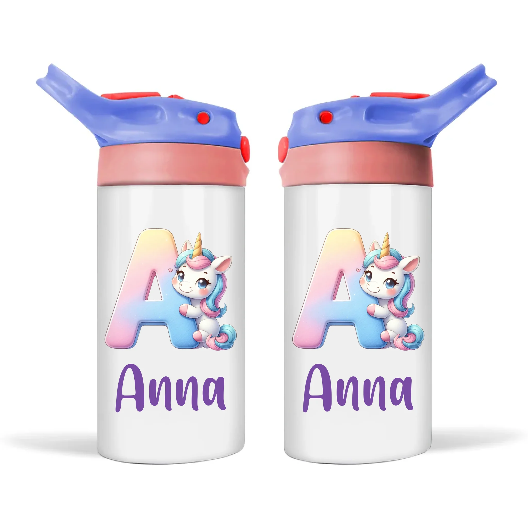 Personalised Unicorn Alphabet Sippy Bottle – Custom Double-Walled Kids Bottle with Name & Pastel Rainbow Letter Design | Flip-Top Lid
