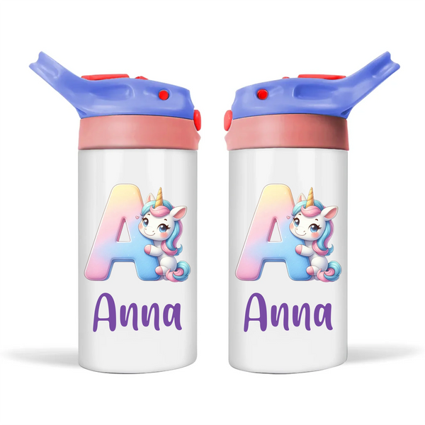Personalised Unicorn Alphabet Sippy Bottle – Custom Double-Walled Kids Bottle with Name & Pastel Rainbow Letter Design | Flip-Top Lid