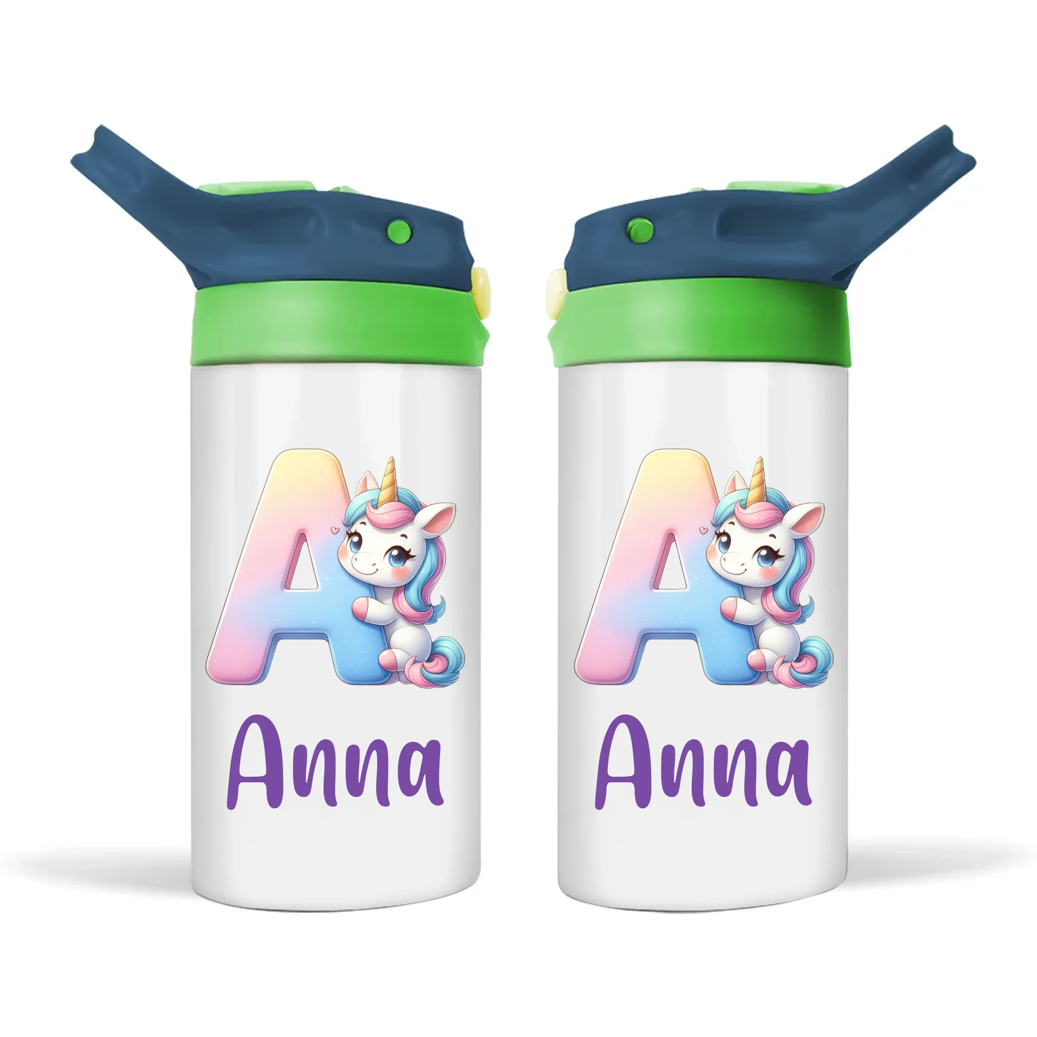 Personalised Unicorn Alphabet Sippy Bottle – Custom Double-Walled Kids Bottle with Name & Pastel Rainbow Letter Design | Flip-Top Lid