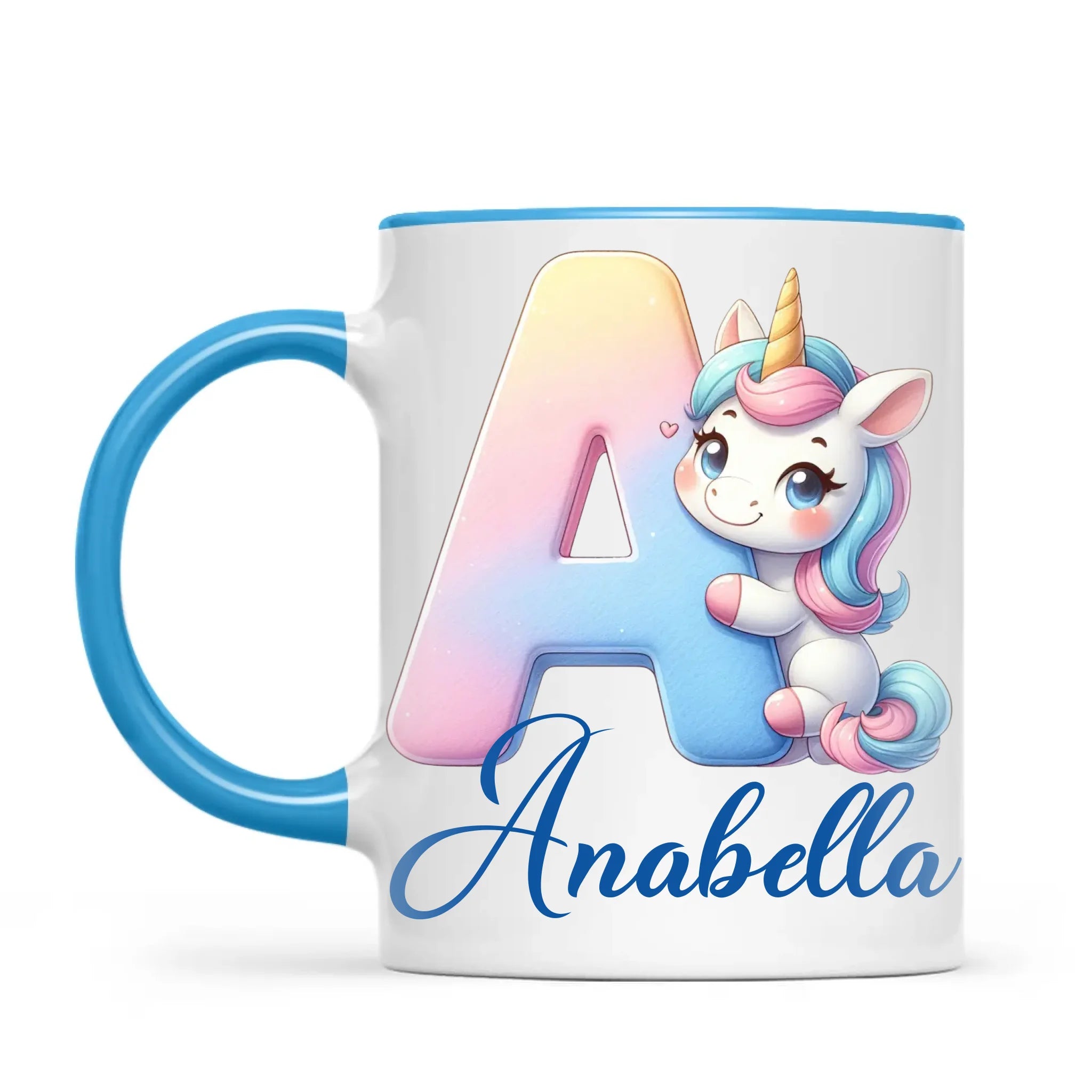 Personalised Unicorn Alphabet Kids Mug – Custom Name Cup with Magical Letter Design | 11 oz, 6 oz & Enamel Options