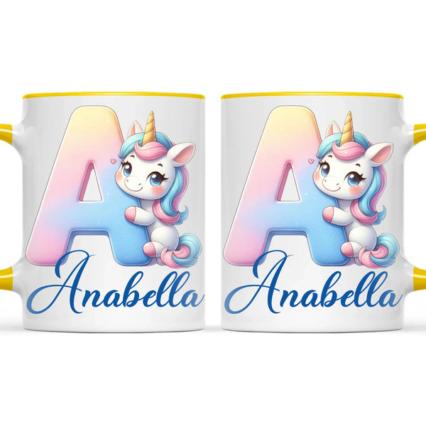 Personalised Unicorn Alphabet Kids Mug – Custom Name Cup with Magical Letter Design | 11 oz, 6 oz & Enamel Options
