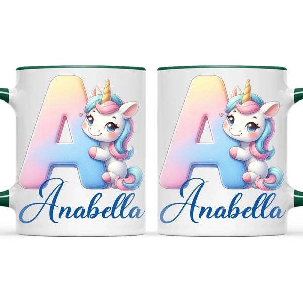 Personalised Unicorn Alphabet Kids Mug – Custom Name Cup with Magical Letter Design | 11 oz, 6 oz & Enamel Options