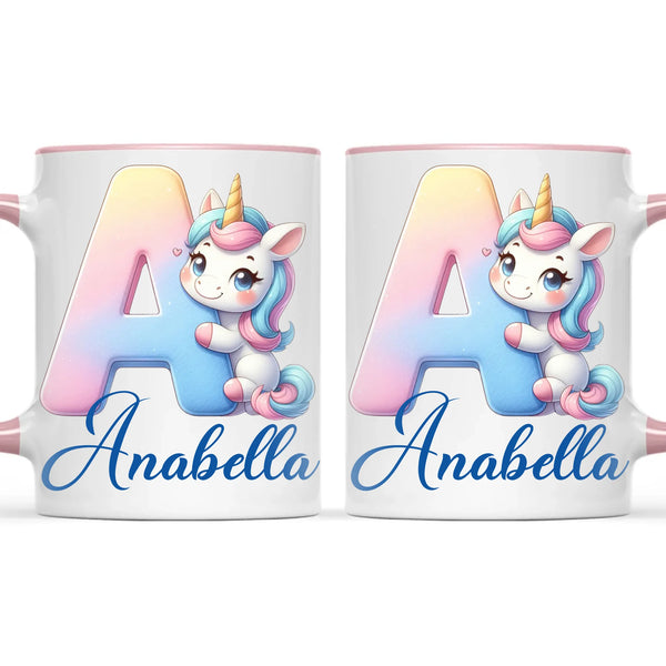Personalised Unicorn Alphabet Kids Mug – Custom Name Cup with Magical Letter Design | 11 oz, 6 oz & Enamel Options