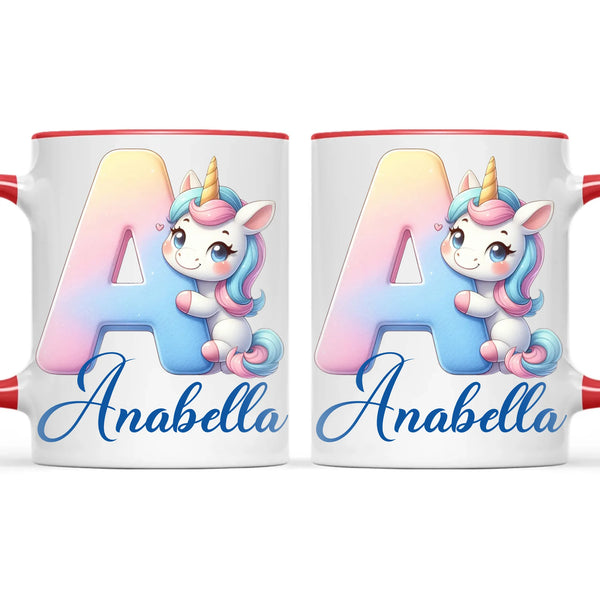 Personalised Unicorn Alphabet Kids Mug – Custom Name Cup with Magical Letter Design | 11 oz, 6 oz & Enamel Options