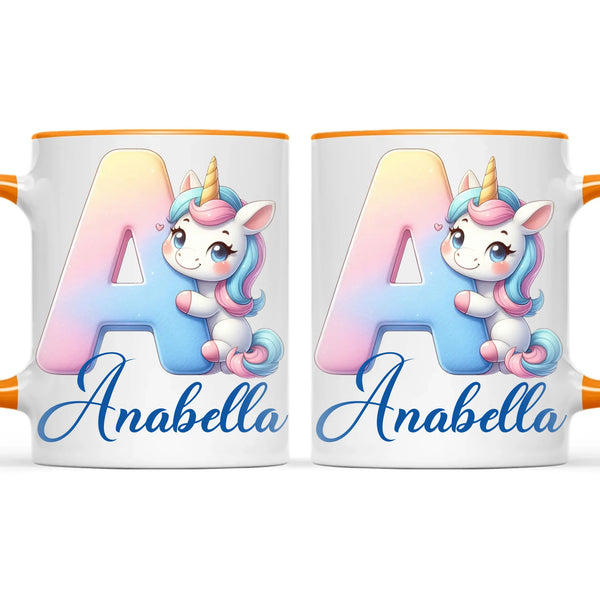 Personalised Unicorn Alphabet Kids Mug – Custom Name Cup with Magical Letter Design | 11 oz, 6 oz & Enamel Options
