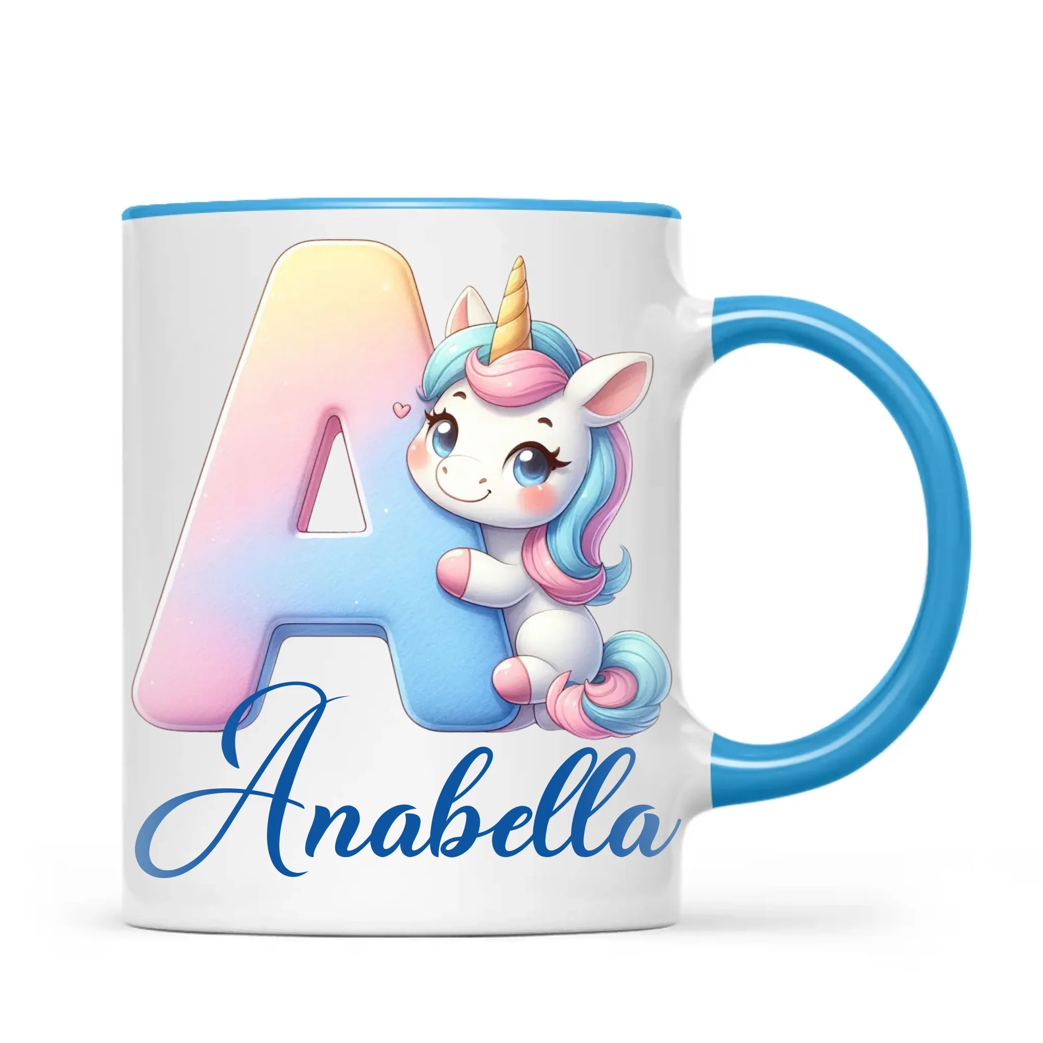 Personalised Unicorn Alphabet Kids Mug – Custom Name Cup with Magical Letter Design | 11 oz, 6 oz & Enamel Options
