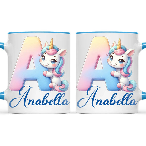 Personalised Unicorn Alphabet Kids Mug – Custom Name Cup with Magical Letter Design | 11 oz, 6 oz & Enamel Options