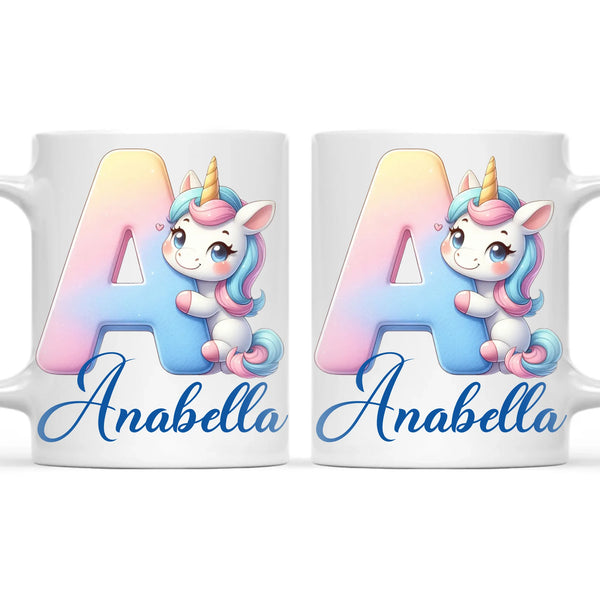 Personalised Unicorn Alphabet Kids Mug – Custom Name Cup with Magical Letter Design | 11 oz, 6 oz & Enamel Options