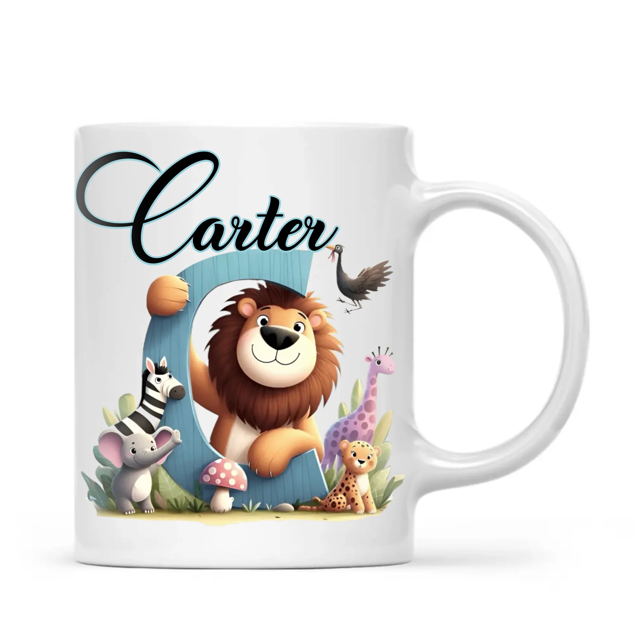 Personalised Zoo Animals Alphabet Kids Mug – Custom Name Cup with Lion, Elephant, Giraffe & Jungle Friends | 11 oz, 6 oz & Enamel
