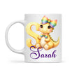 Personalised Yellow Dino Alphabet Kids Mug – Custom Name Cup with Cute Dinosaur & Rainbow Bow | 11 oz, 6 oz & Enamel Options