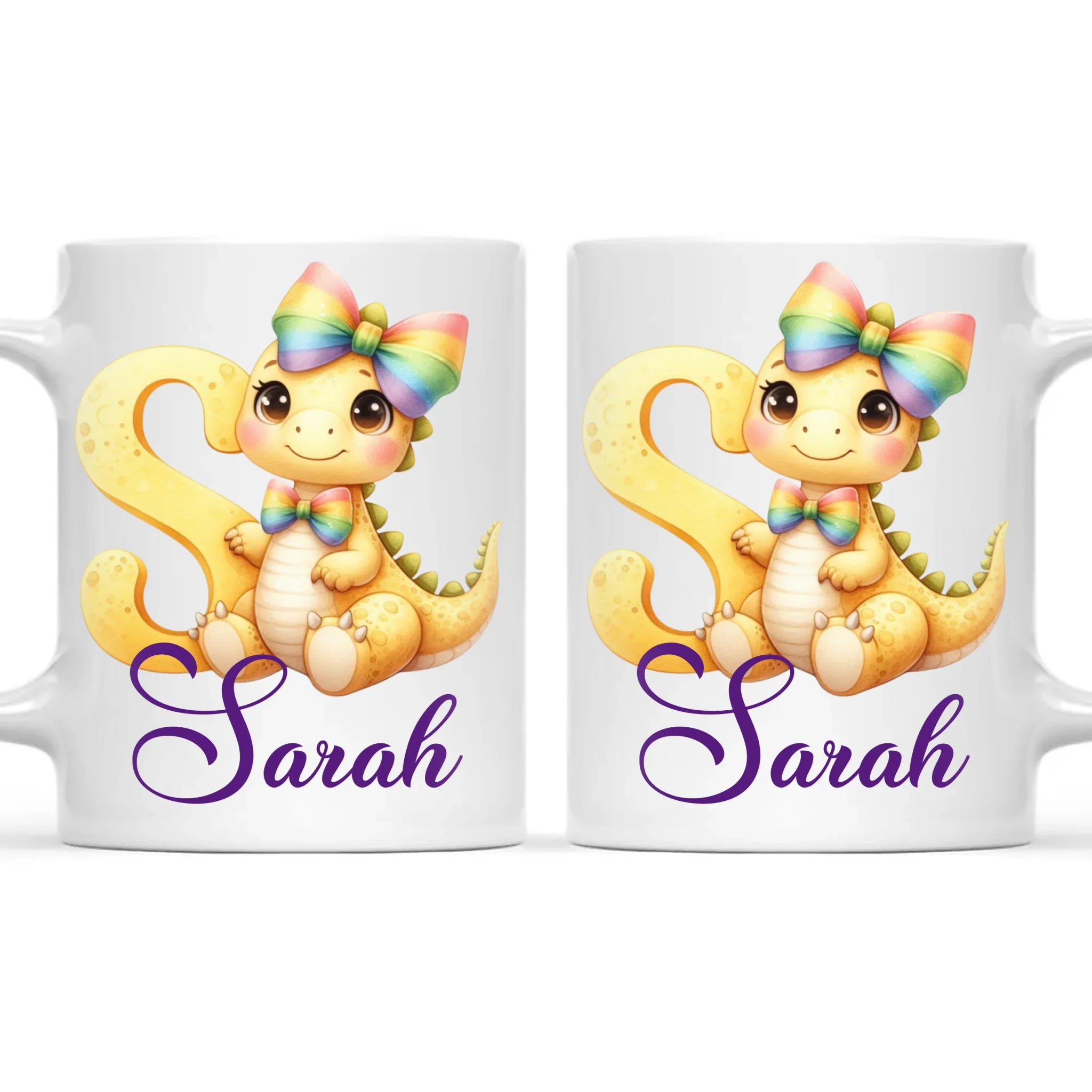 Personalised Yellow Dino Alphabet Kids Mug – Custom Name Cup with Cute Dinosaur & Rainbow Bow | 11 oz, 6 oz & Enamel Options