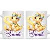 Personalised Yellow Dino Alphabet Kids Mug – Custom Name Cup with Cute Dinosaur & Rainbow Bow | 11 oz, 6 oz & Enamel Options
