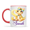 Personalised Yellow Dino Alphabet Kids Mug – Custom Name Cup with Cute Dinosaur & Rainbow Bow | 11 oz, 6 oz & Enamel Options