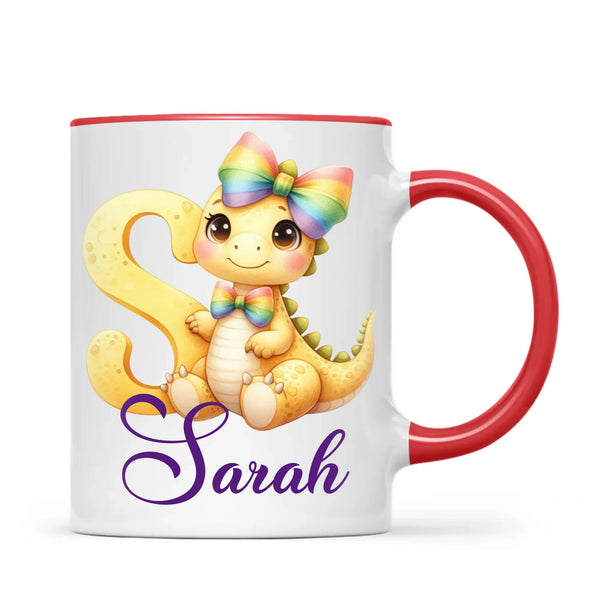 Personalised Yellow Dino Alphabet Kids Mug – Custom Name Cup with Cute Dinosaur & Rainbow Bow | 11 oz, 6 oz & Enamel Options