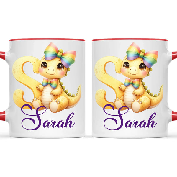 Personalised Yellow Dino Alphabet Kids Mug – Custom Name Cup with Cute Dinosaur & Rainbow Bow | 11 oz, 6 oz & Enamel Options