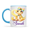 Personalised Yellow Dino Alphabet Kids Mug – Custom Name Cup with Cute Dinosaur & Rainbow Bow | 11 oz, 6 oz & Enamel Options