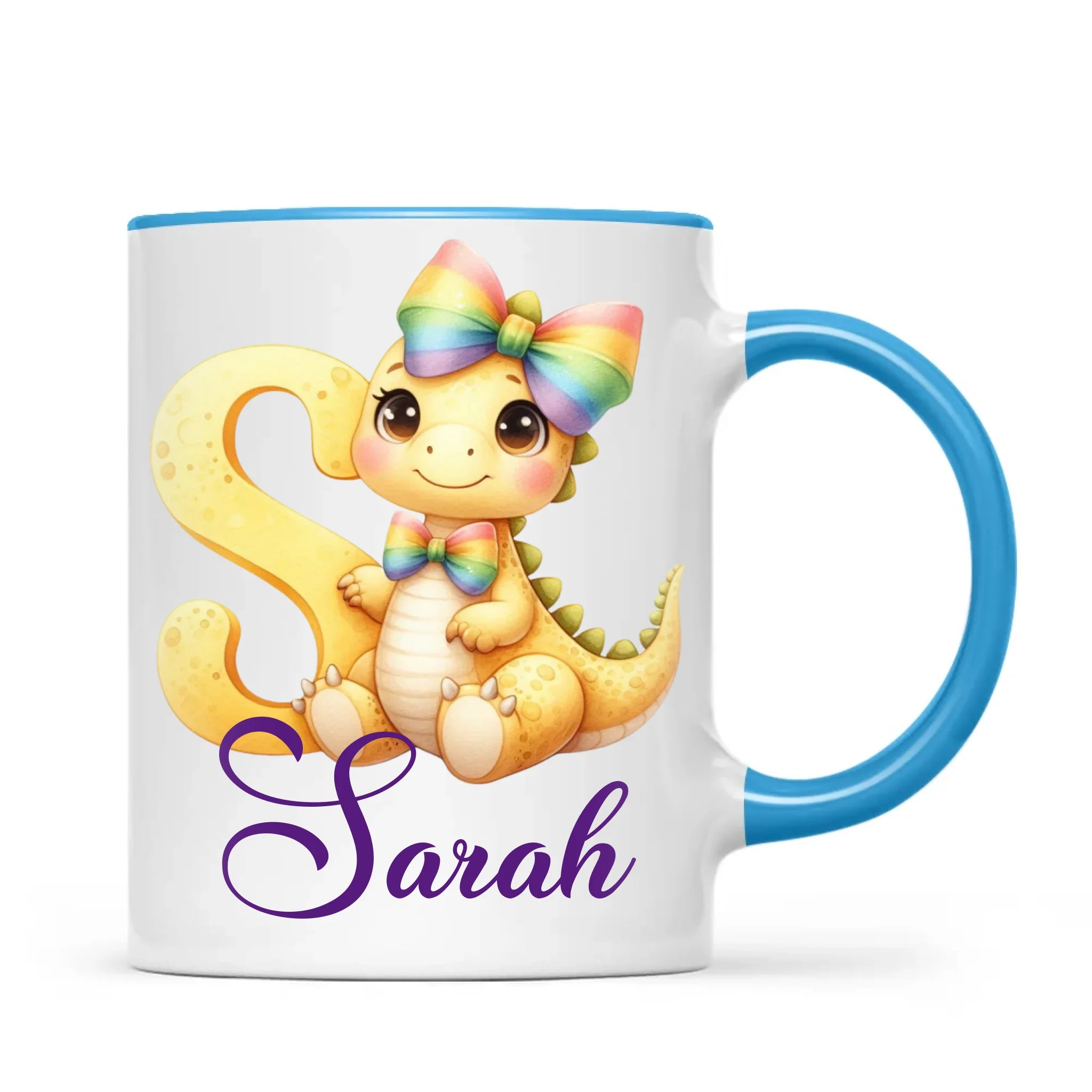 Personalised Yellow Dino Alphabet Kids Mug – Custom Name Cup with Cute Dinosaur & Rainbow Bow | 11 oz, 6 oz & Enamel Options