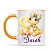 Personalised Yellow Dino Alphabet Kids Mug – Custom Name Cup with Cute Dinosaur & Rainbow Bow | 11 oz, 6 oz & Enamel Options