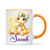 Personalised Yellow Dino Alphabet Kids Mug – Custom Name Cup with Cute Dinosaur & Rainbow Bow | 11 oz, 6 oz & Enamel Options