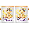 Personalised Yellow Dino Alphabet Kids Mug – Custom Name Cup with Cute Dinosaur & Rainbow Bow | 11 oz, 6 oz & Enamel Options