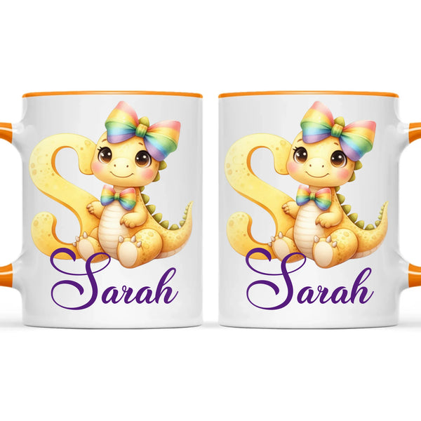 Personalised Yellow Dino Alphabet Kids Mug – Custom Name Cup with Cute Dinosaur & Rainbow Bow | 11 oz, 6 oz & Enamel Options