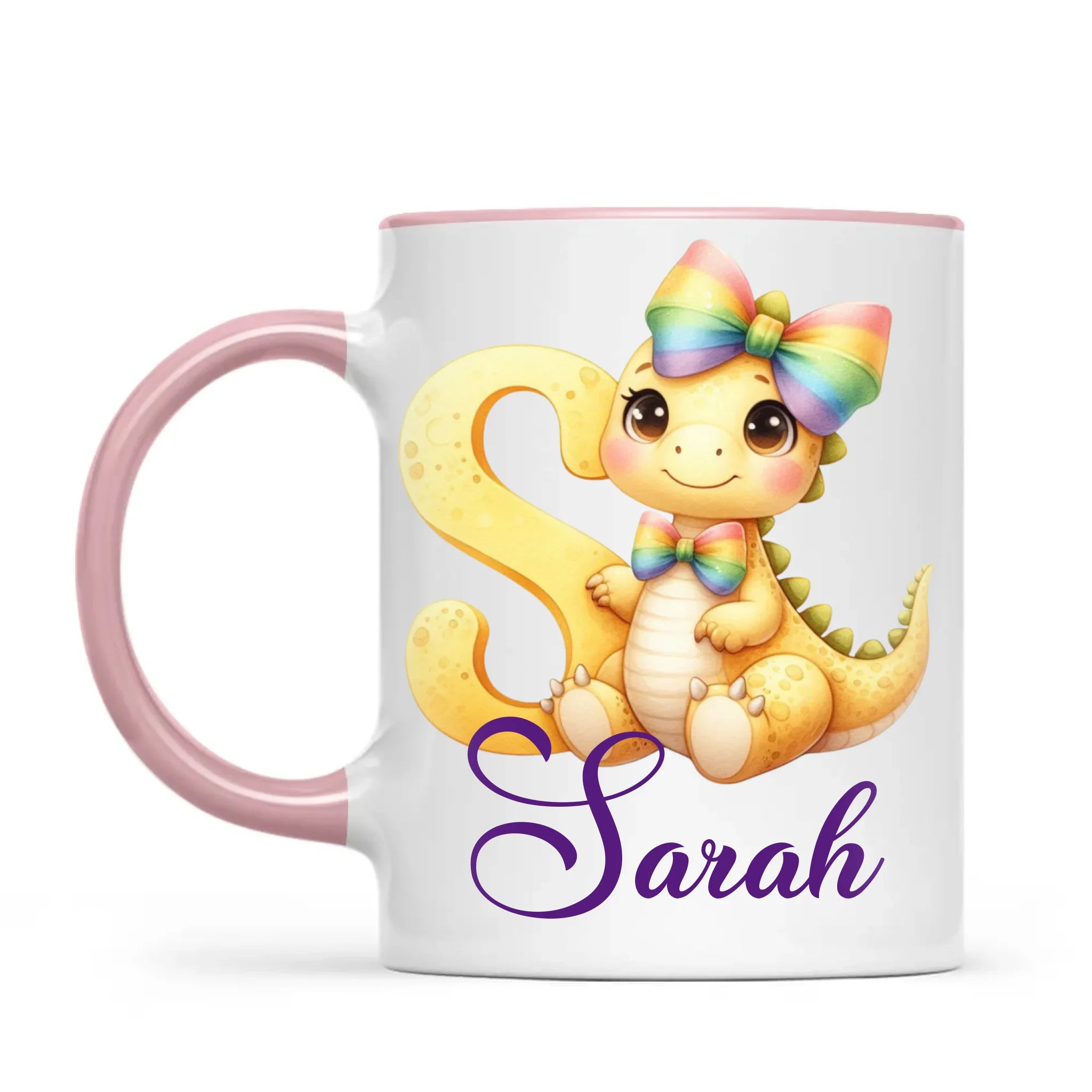 Personalised Yellow Dino Alphabet Kids Mug – Custom Name Cup with Cute Dinosaur & Rainbow Bow | 11 oz, 6 oz & Enamel Options