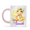 Personalised Yellow Dino Alphabet Kids Mug – Custom Name Cup with Cute Dinosaur & Rainbow Bow | 11 oz, 6 oz & Enamel Options