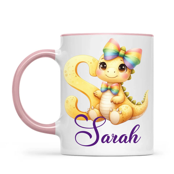 Personalised Yellow Dino Alphabet Kids Mug – Custom Name Cup with Cute Dinosaur & Rainbow Bow | 11 oz, 6 oz & Enamel Options