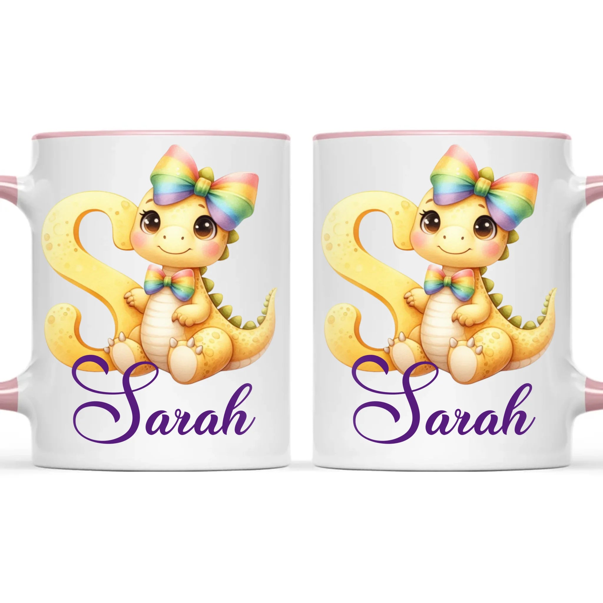 Personalised Yellow Dino Alphabet Kids Mug – Custom Name Cup with Cute Dinosaur & Rainbow Bow | 11 oz, 6 oz & Enamel Options