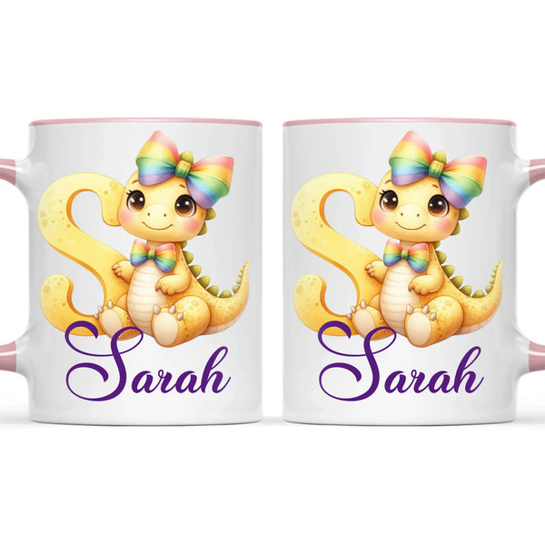 Personalised Yellow Dino Alphabet Kids Mug – Custom Name Cup with Cute Dinosaur & Rainbow Bow | 11 oz, 6 oz & Enamel Options