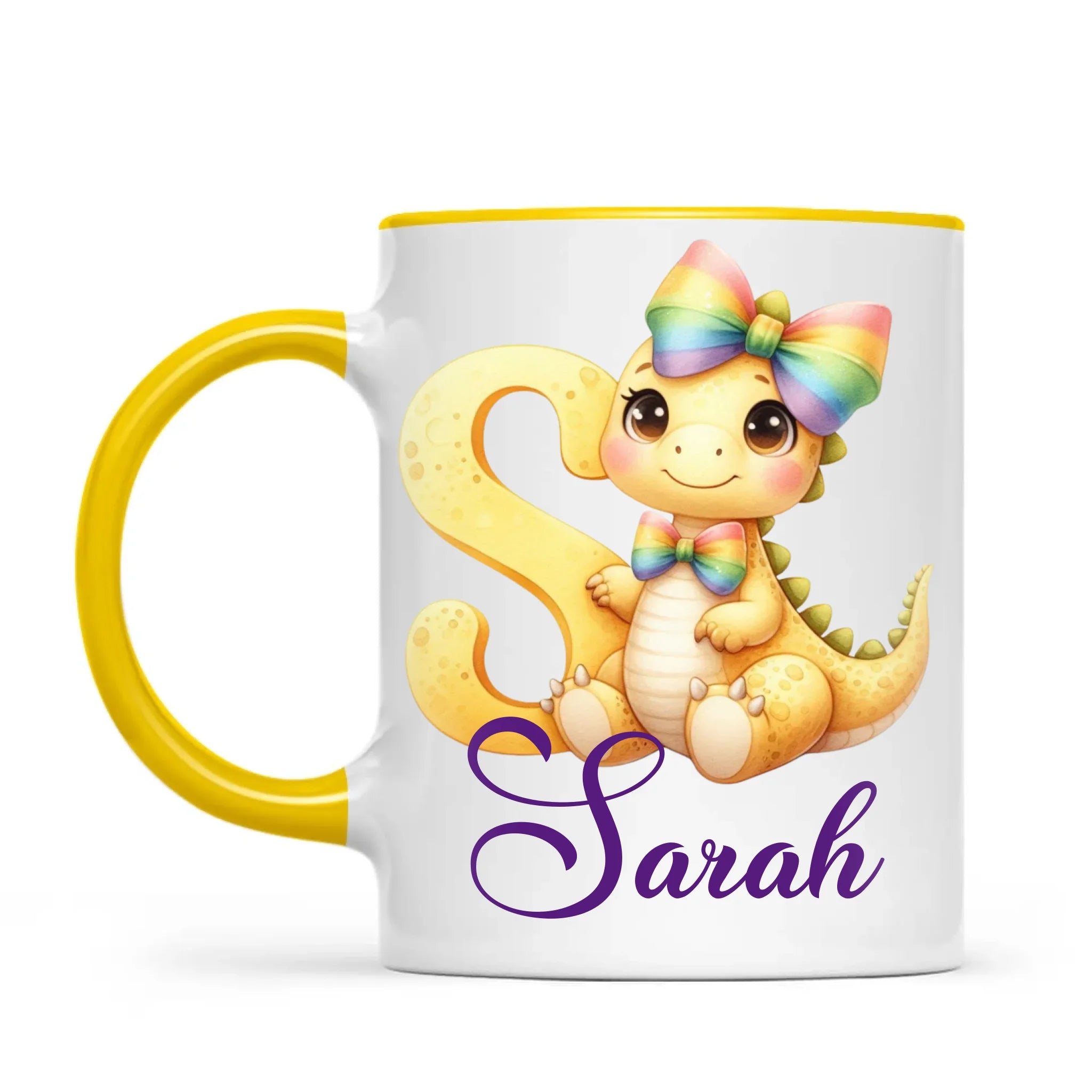 Personalised Yellow Dino Alphabet Kids Mug – Custom Name Cup with Cute Dinosaur & Rainbow Bow | 11 oz, 6 oz & Enamel Options