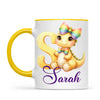 Personalised Yellow Dino Alphabet Kids Mug – Custom Name Cup with Cute Dinosaur & Rainbow Bow | 11 oz, 6 oz & Enamel Options