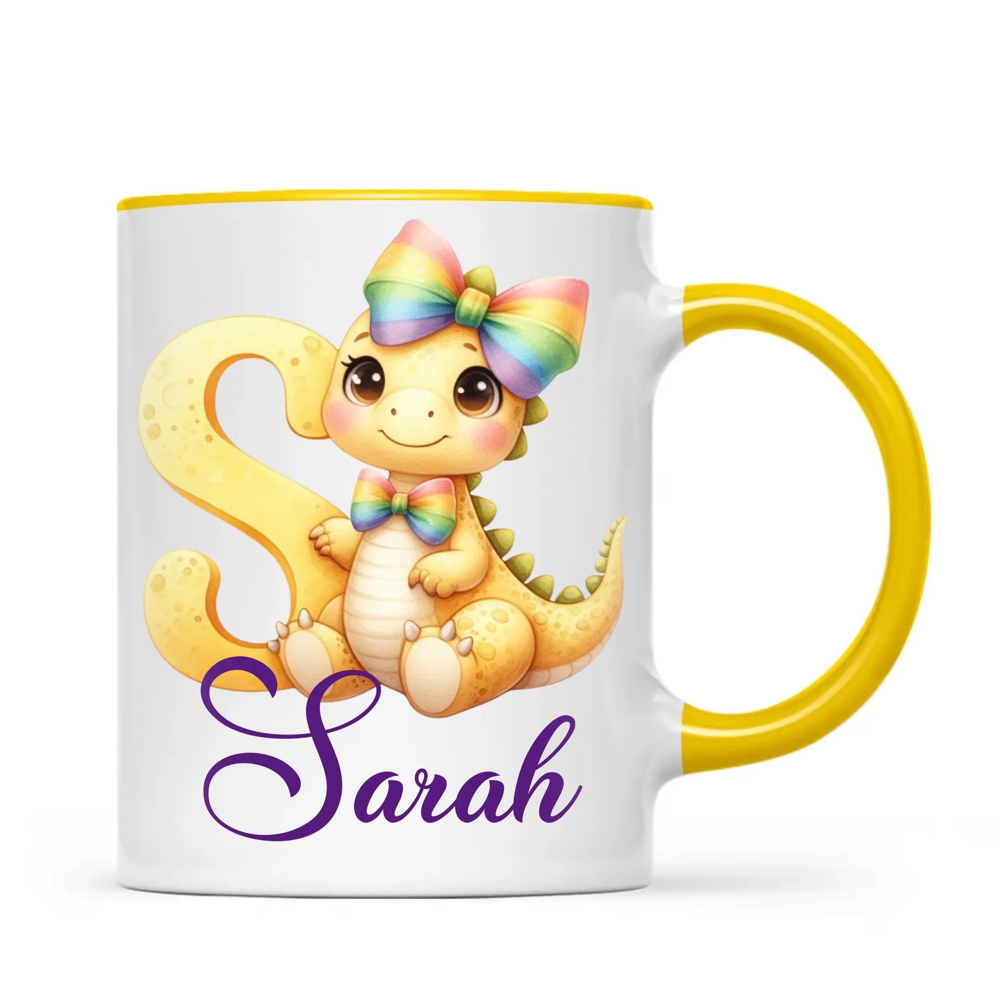 Personalised Yellow Dino Alphabet Kids Mug – Custom Name Cup with Cute Dinosaur & Rainbow Bow | 11 oz, 6 oz & Enamel Options