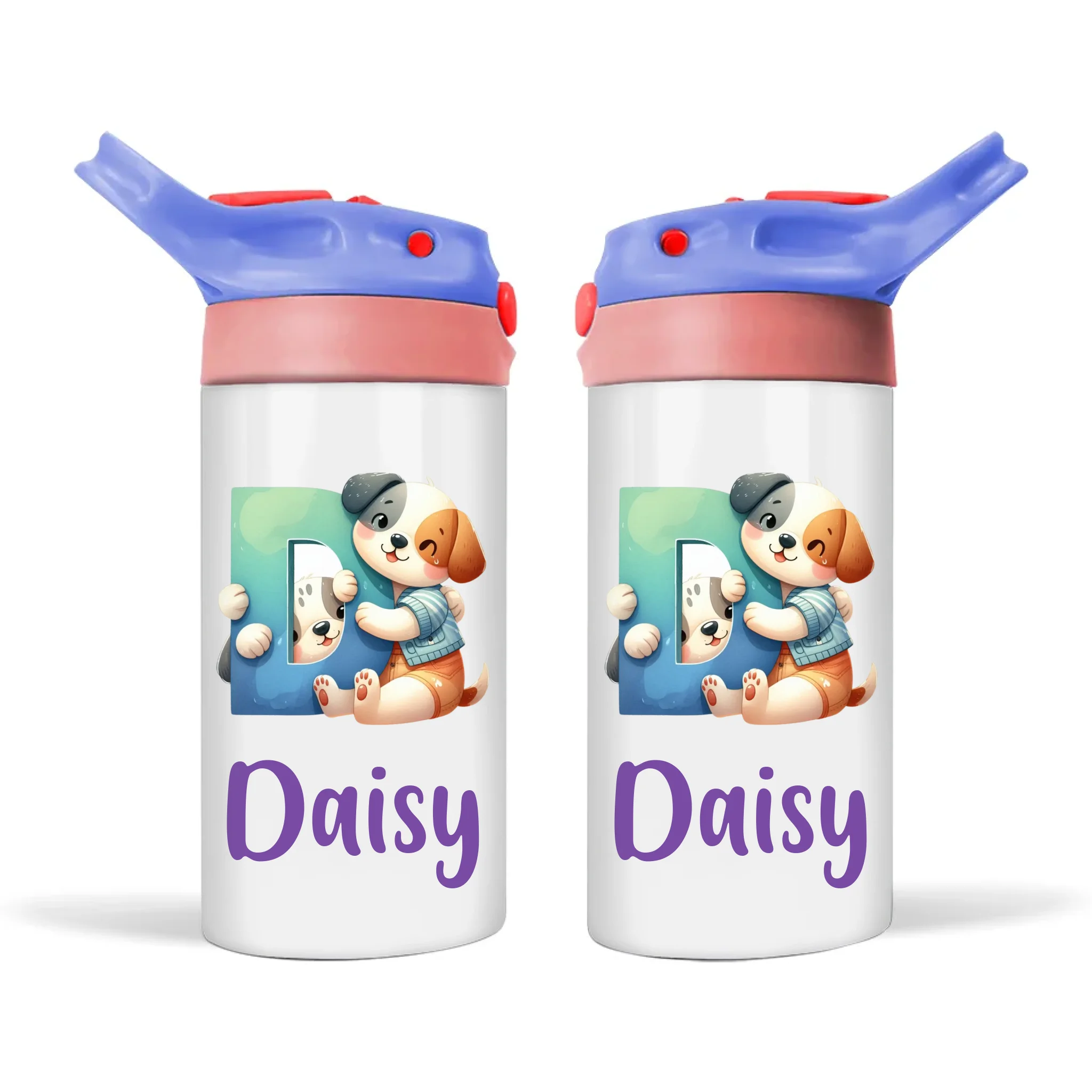 Personalised Cute Animal Alphabet Kids Sippy Bottle – Custom Double-Walled Stainless Steel Drink Bottle with Flip-Top Lid