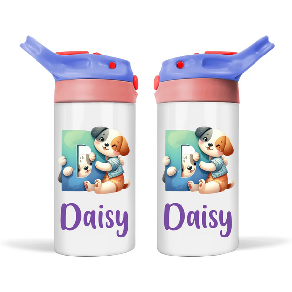 Personalised Cute Animal Alphabet Kids Sippy Bottle – Custom Double-Walled Stainless Steel Drink Bottle with Flip-Top Lid