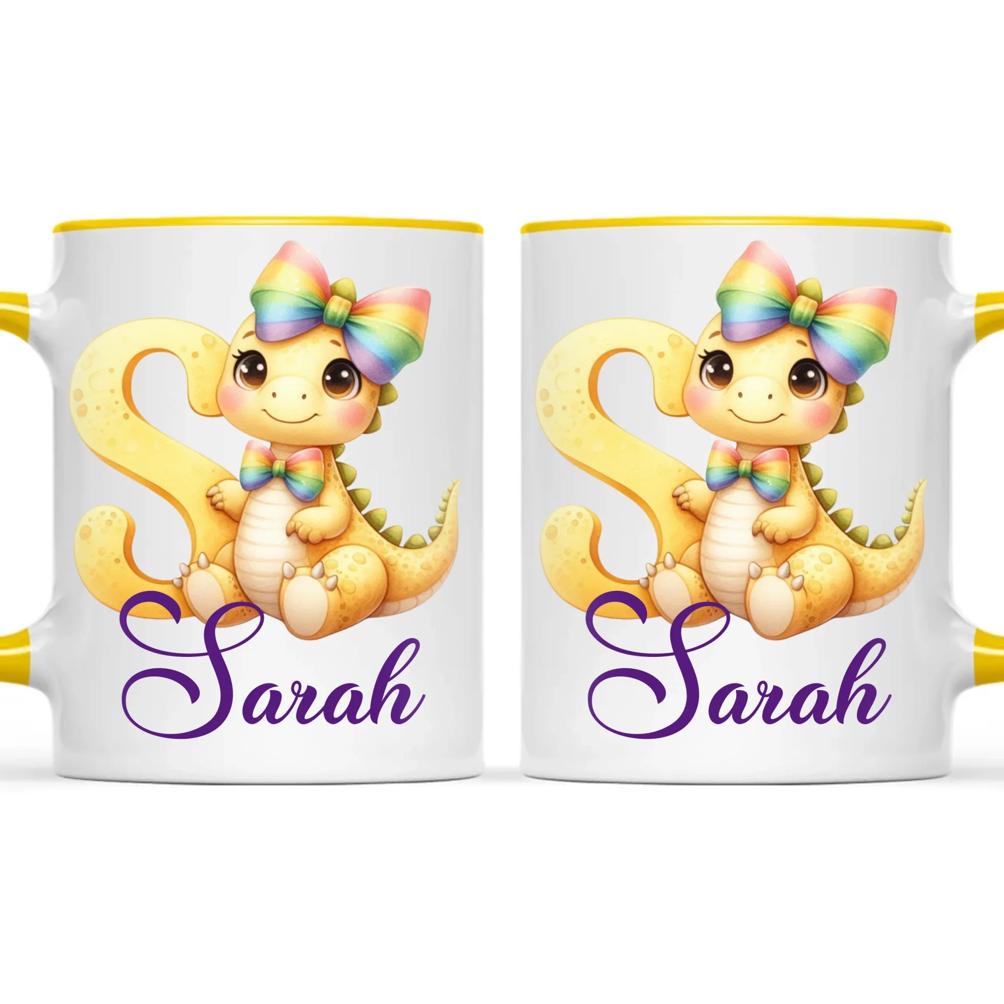 Personalised Yellow Dino Alphabet Kids Mug – Custom Name Cup with Cute Dinosaur & Rainbow Bow | 11 oz, 6 oz & Enamel Options