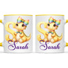 Personalised Yellow Dino Alphabet Kids Mug – Custom Name Cup with Cute Dinosaur & Rainbow Bow | 11 oz, 6 oz & Enamel Options