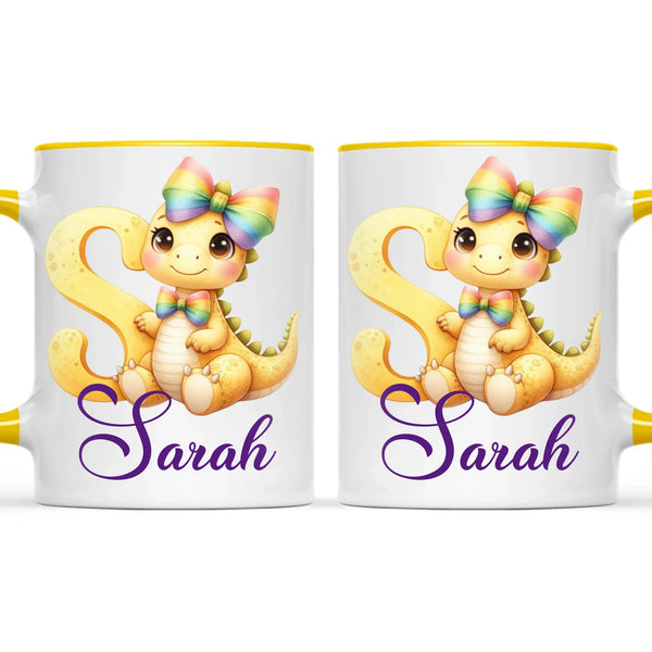 Personalised Yellow Dino Alphabet Kids Mug – Custom Name Cup with Cute Dinosaur & Rainbow Bow | 11 oz, 6 oz & Enamel Options