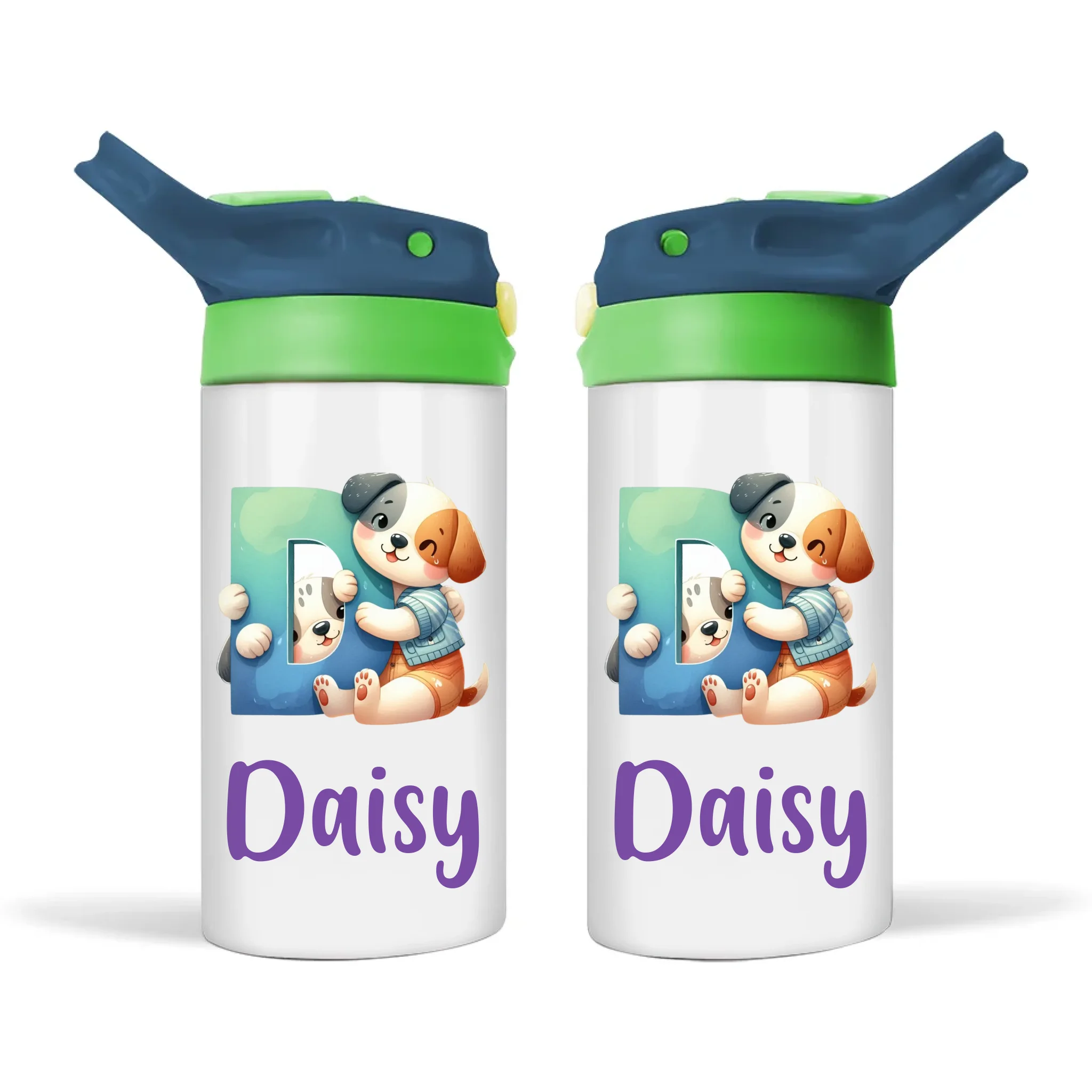 Personalised Cute Animal Alphabet Kids Sippy Bottle – Custom Double-Walled Stainless Steel Drink Bottle with Flip-Top Lid