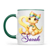 Personalised Yellow Dino Alphabet Kids Mug – Custom Name Cup with Cute Dinosaur & Rainbow Bow | 11 oz, 6 oz & Enamel Options