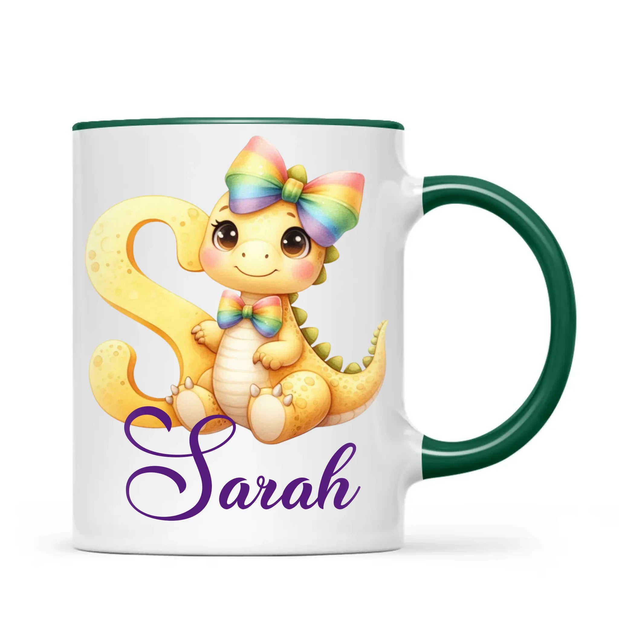 Personalised Yellow Dino Alphabet Kids Mug – Custom Name Cup with Cute Dinosaur & Rainbow Bow | 11 oz, 6 oz & Enamel Options