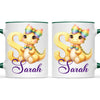 Personalised Yellow Dino Alphabet Kids Mug – Custom Name Cup with Cute Dinosaur & Rainbow Bow | 11 oz, 6 oz & Enamel Options