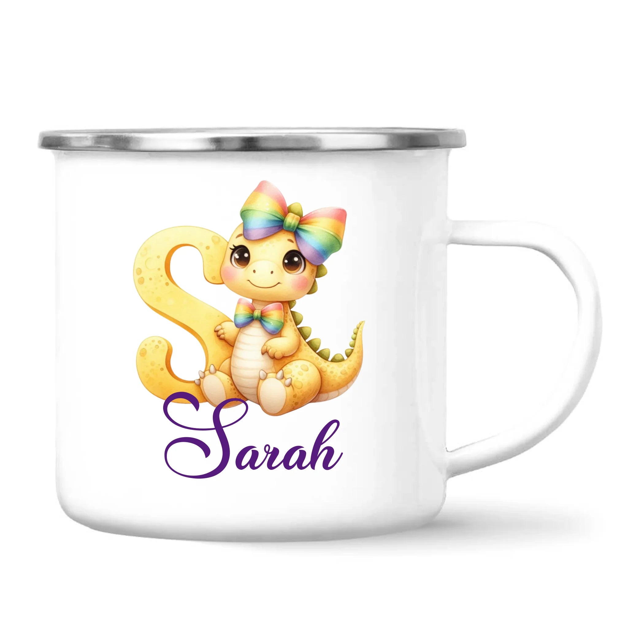 Personalised Yellow Dino Alphabet Kids Mug – Custom Name Cup with Cute Dinosaur & Rainbow Bow | 11 oz, 6 oz & Enamel Options
