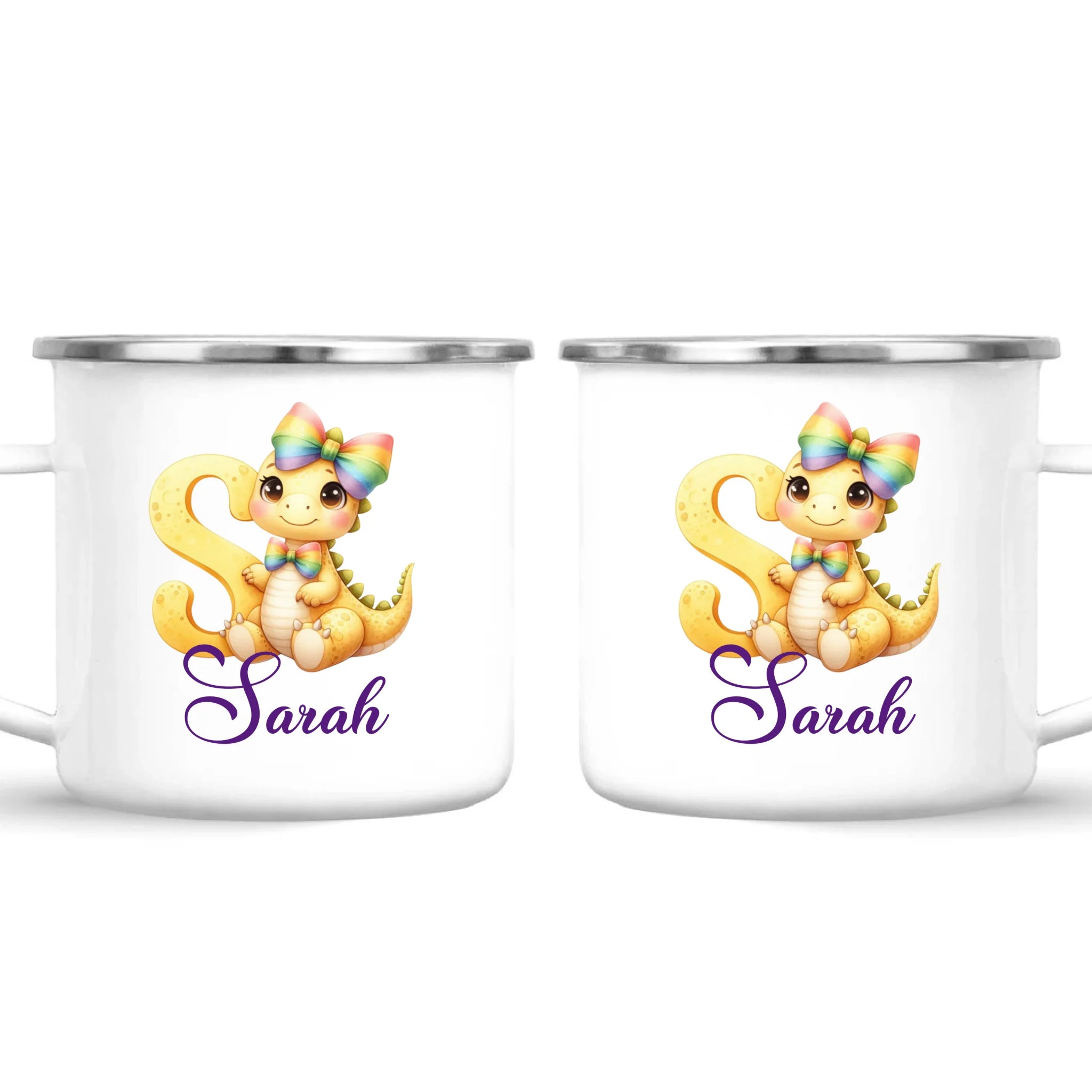 Personalised Yellow Dino Alphabet Kids Mug – Custom Name Cup with Cute Dinosaur & Rainbow Bow | 11 oz, 6 oz & Enamel Options