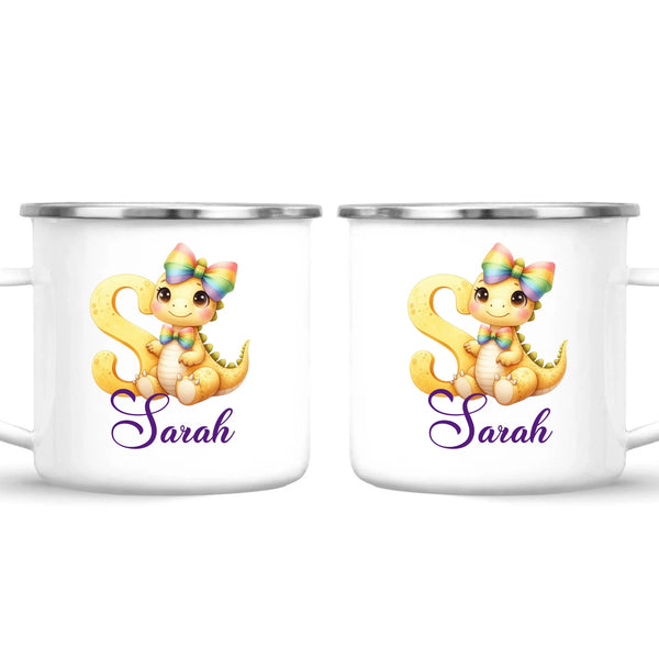 Personalised Yellow Dino Alphabet Kids Mug – Custom Name Cup with Cute Dinosaur & Rainbow Bow | 11 oz, 6 oz & Enamel Options