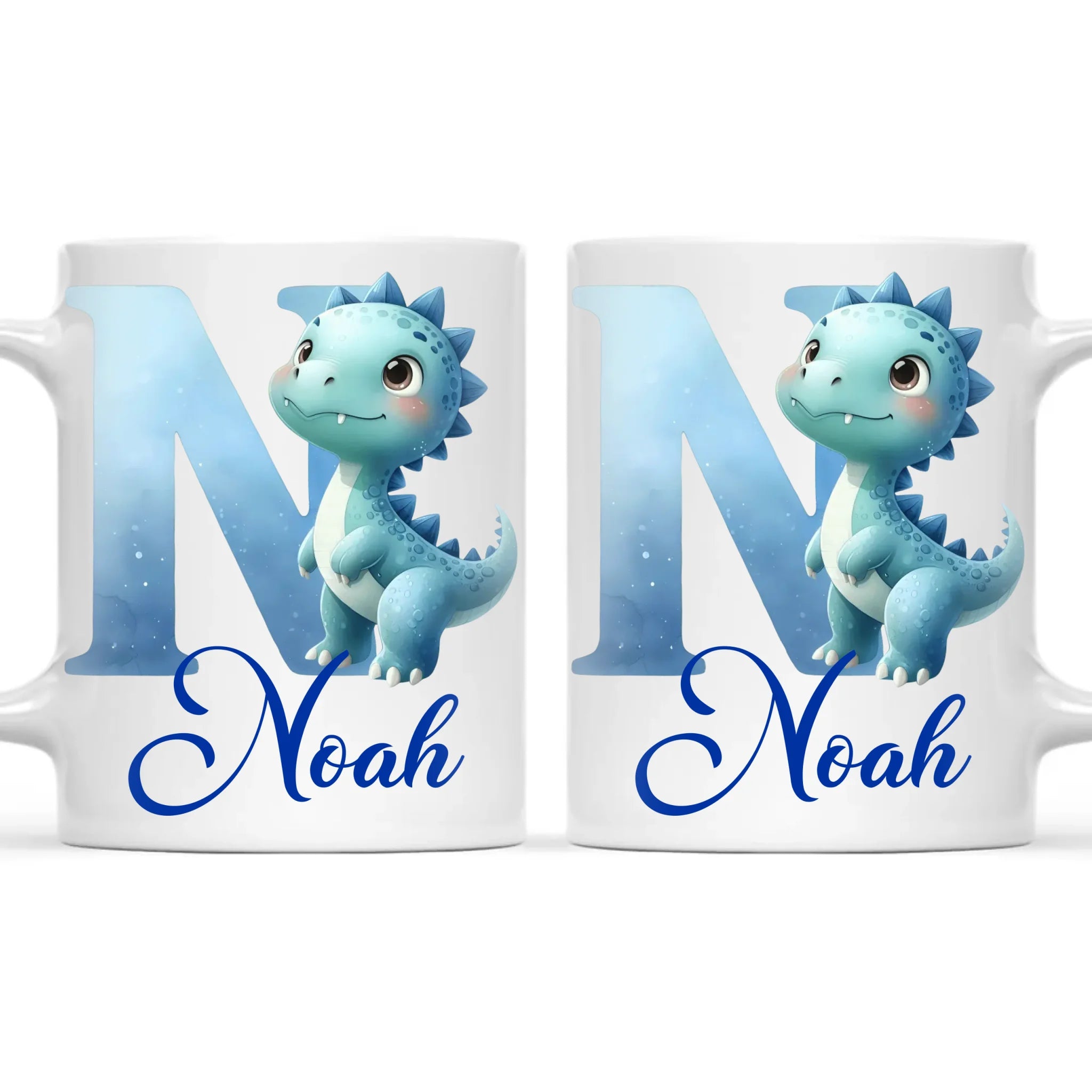Personalised Blue Dinosaur Alphabet Kids Mug – Custom Name Cup with Watercolour Letter Design | 11 oz, 6 oz & Enamel Options