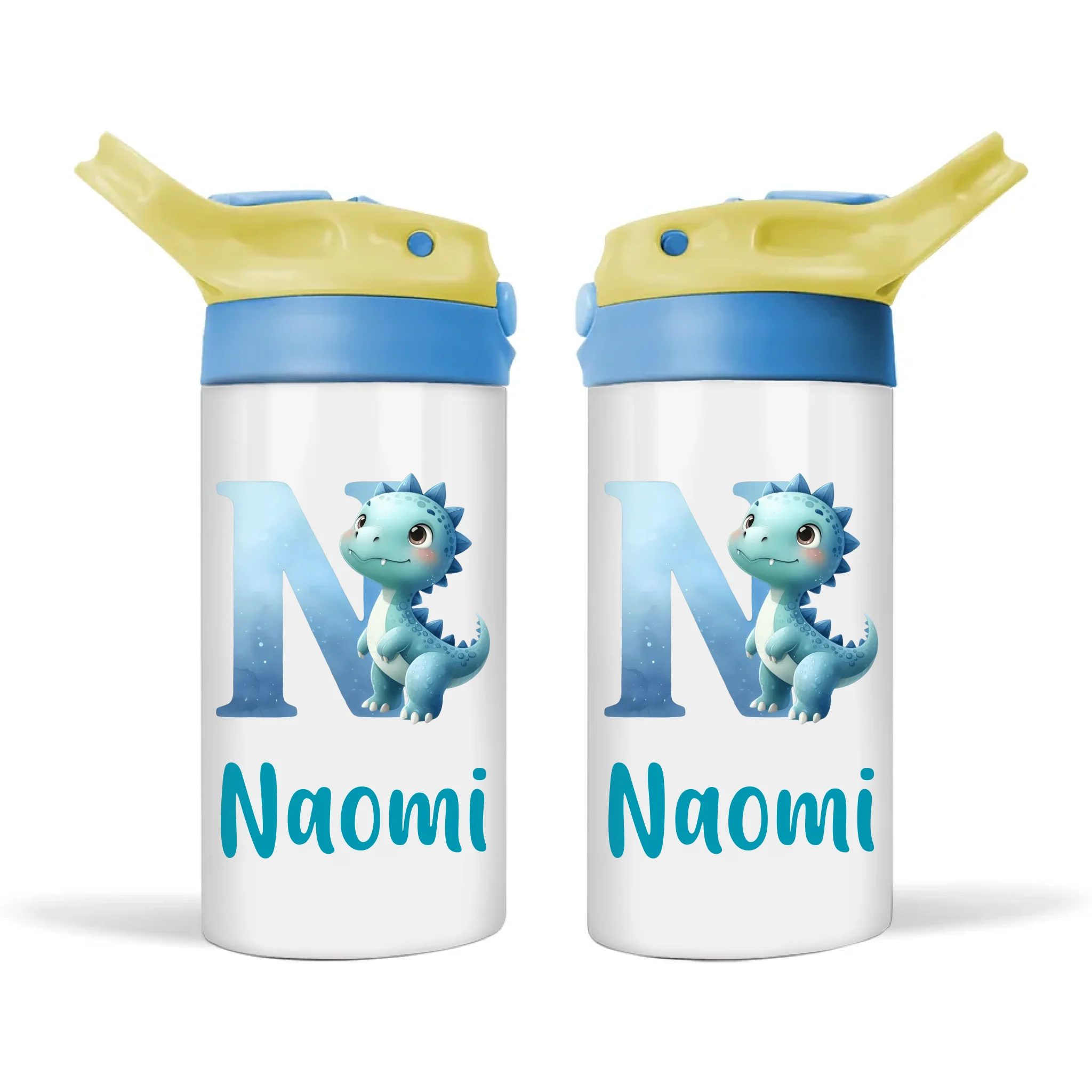 Personalised Blue Dinosaur Alphabet Sippy Bottle – Custom Double-Walled Kids Bottle with Name & Watercolour Letter Design | Flip-Top Lid